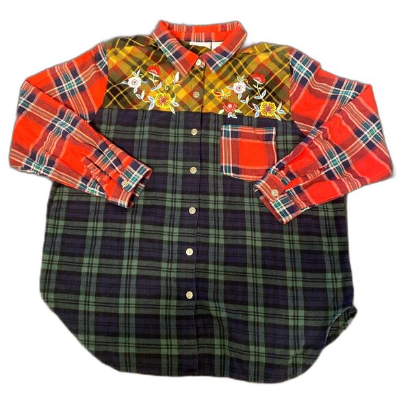 Blair Women’s XL Patchwork Plaid Embroidered Flannel Button Up Shirt - Picture 2 of 13